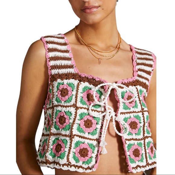 HP 🥳 New Anthropologie Maeve Crochet Floral M/Lg Pink Stripe Tank Sweater Vest - Picture 3 of 12